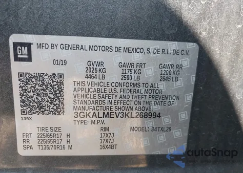 2019 GMC Terrain Sle z USA, uszkodzony, nr VIN 3GKALMEV3KL268994